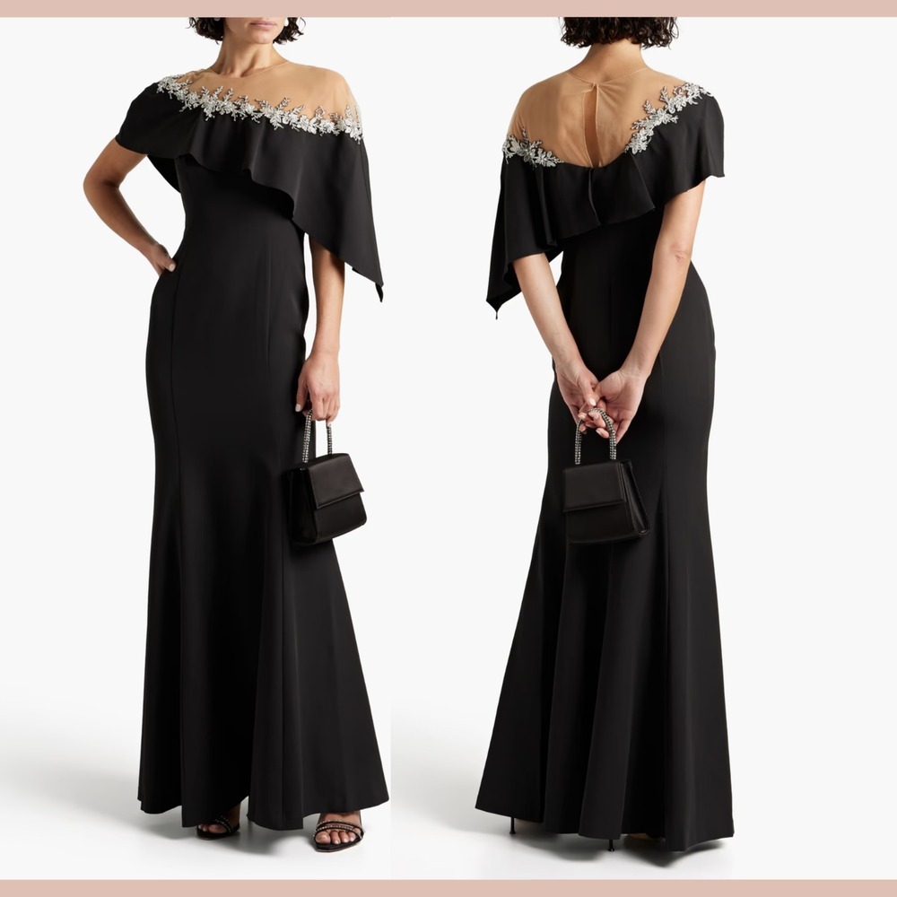 NEW $895 MARCHESA NOTTE [ 6 ] Embellished Asymmetrical Draped Crepe‎ Gown J2153